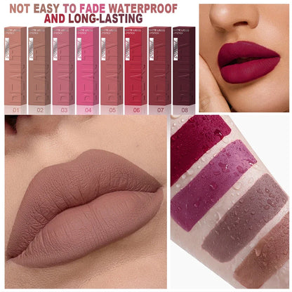 DUNUF Matte Velvet Lipstick - 8 Color Waterproof Plumping Square Tube Lip Gloss Makeup