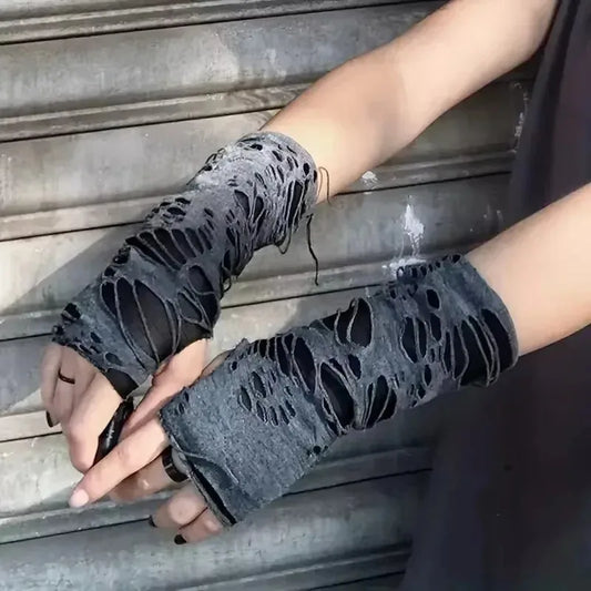 Gothic Fingerless Tear Gloves - Unisex Stretchy Fashion Gloves for Party & Cosplay Wear