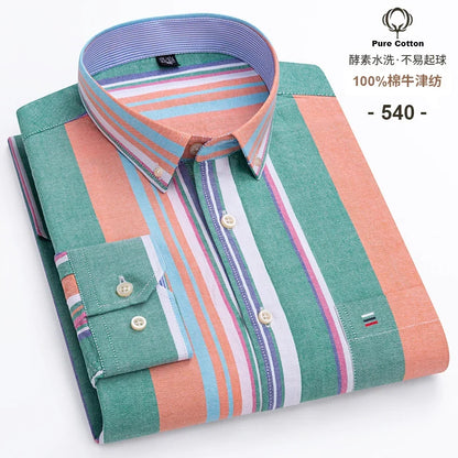 Men's 100% Cotton Oxford Plaid Shirt - Soft Regular Fit Long Sleeve Formal Dress Shirt with Pocket S-7XL