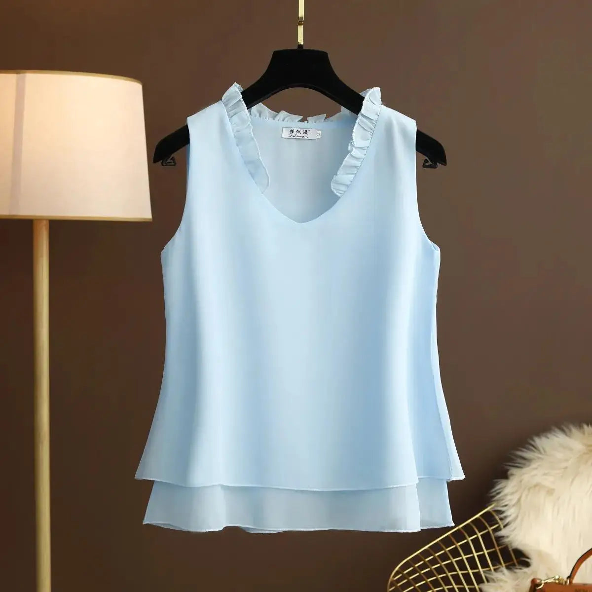Women's Chiffon V Neck Blouse - Loose Sleeveless Plus Size Fashion Top M-5XL