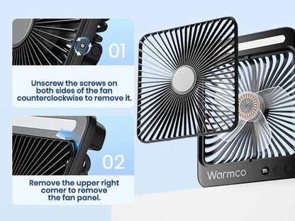 Warmco D4 Portable Desk Fan – 8" Rechargeable Camping Fan with 20000mAh Battery, Light, 48H Runtime, Silent Operation, Digital Display