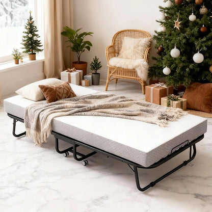 Twin Size Foldable Metal Bed Frame with Foam Mattress – Rollaway Space Saving Guest Bed with Lockable Wheels (75”x31”)