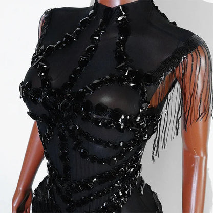 Sexy Shiny Silver Sequin & Black Spandex Jumpsuit — 2025 Women’s Prom, Dancer & Stage Performance Costume