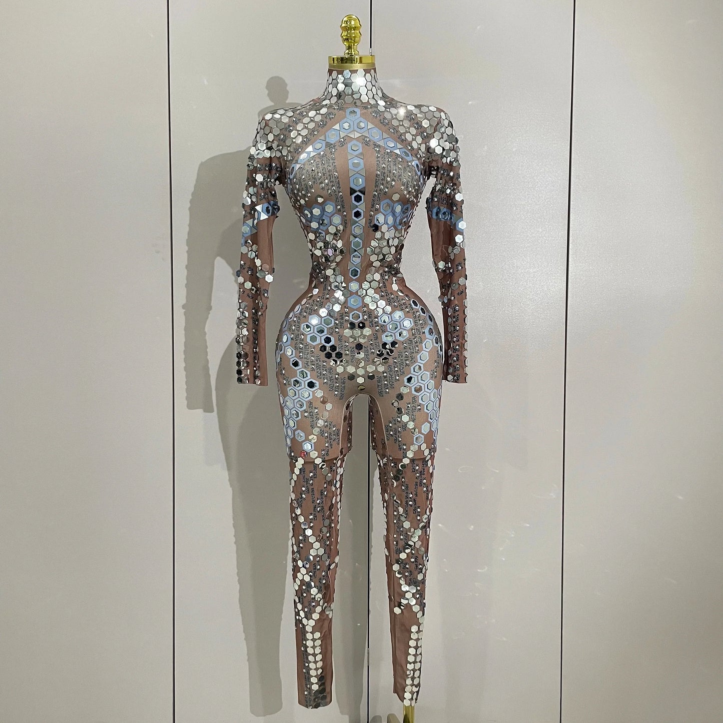 Sexy Shiny Silver Sequin & Black Spandex Jumpsuit — 2025 Women’s Prom, Dancer & Stage Performance Costume