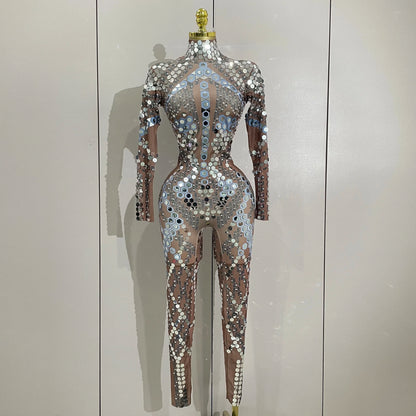 Sexy Shiny Silver Sequin & Black Spandex Jumpsuit — 2025 Women’s Prom, Dancer & Stage Performance Costume