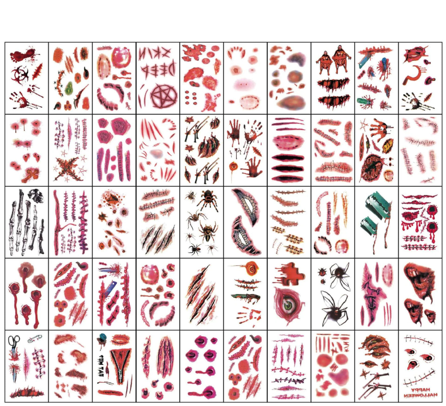 50 Sheets Halloween Theme Bloody Wound Tattoo Stickers - Waterproof Temporary Face Makeup for Kids' Halloween Party Decoration and Favors