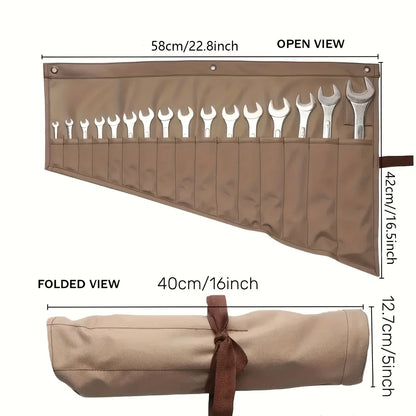Brown Universal Canvas Tool Bag – Wrench & Hardware Storage Roll Bag for Maintenance, 1-Piece
