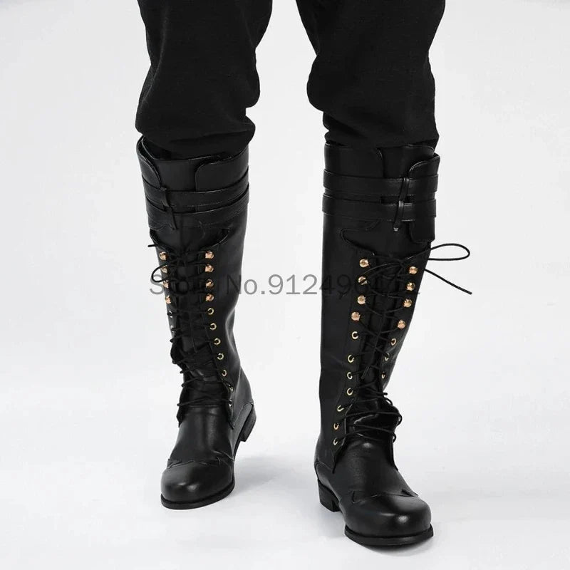Men’s Medieval Steampunk Boots – Long Black PU Leather Cosplay Shoes for Winter LARP, Pirate, Halloween, Carnival, and Knight Costume