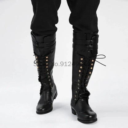 Men’s Medieval Steampunk Boots – Long Black PU Leather Cosplay Shoes for Winter LARP, Pirate, Halloween, Carnival, and Knight Costume