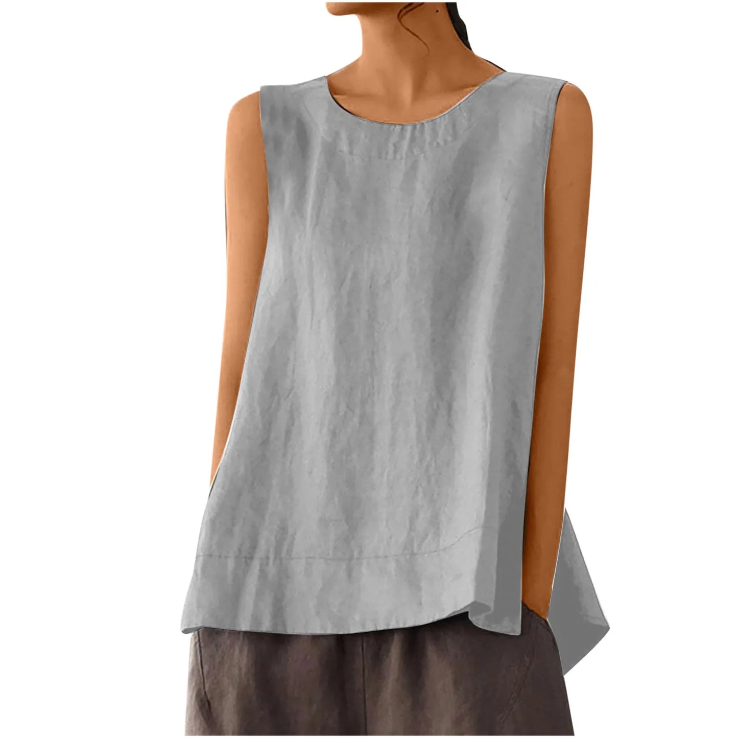Women’s Summer Oversized Linen Vest Top - Retro Solid Color Sleeveless Round Neck Casual Breathable Shirt