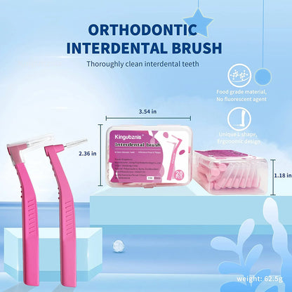 Kingubznis Interdental Brush Set - Stainless Steel Orthodontic Dental Floss Brushes with Angled Short Handle