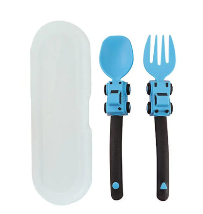 Kids Cartoon Race Car Spoon & Fork Set - Self Feeding Children's Food Supplement Utensils for Toddlers