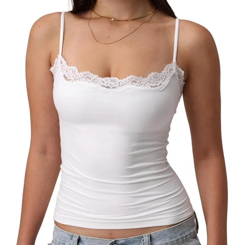 Fairy Coquette Lace Trim Slim Fit Women’s Y2K Crop Camisole Top – Summer Spaghetti Strap Sleeveless Solid Color Tank Vest