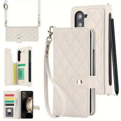 PU Leather Flip Wallet Case for Samsung Galaxy Z Fold 6/5/4/3 5G – Card Holder, Wrist Strap, Crossbody Stand Cover