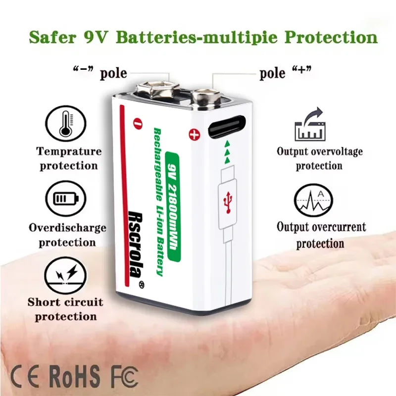 9V Lithium-Ion Rechargeable Battery 21800mWh – High-Capacity Power for Guitar, Microphone, Smoke Detector & Pedals with Cable