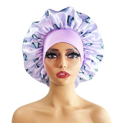 Large Satin Bonnet for Women - Flower Print Silk Sleep Cap with Elastic Band for Braids, Curly & High-Density Hair