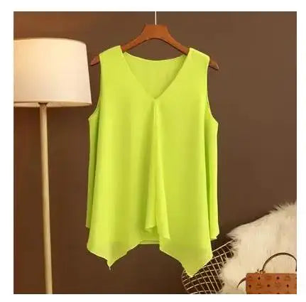 Women's Chiffon V Neck Blouse - Loose Sleeveless Plus Size Fashion Top M-5XL