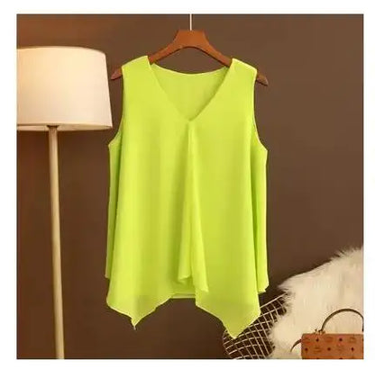 Women's Chiffon V Neck Blouse - Loose Sleeveless Plus Size Fashion Top M-5XL