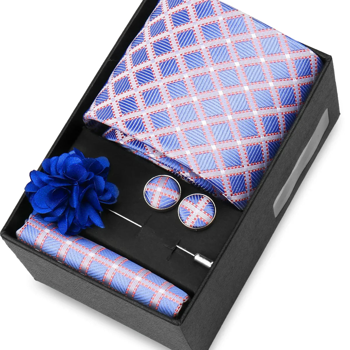 Elegant Men’s Necktie Gift Set - Fashion Tie with Handkerchief, Cufflinks & Brooch Pin Accessories for Business & Wedding
