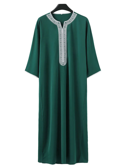 Moroccan Green Men’s Arab Robe - Traditional Embroidered Islamic Casual Clothing for Elegant Style