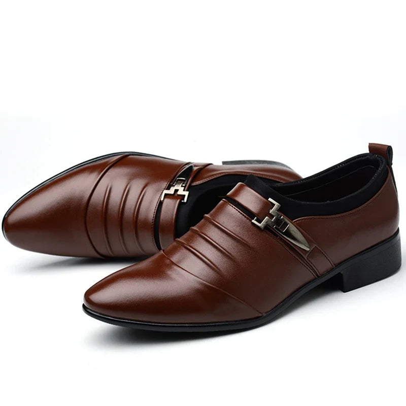 Men’s Classic Black Leather Slip-On Dress Shoes - Pointed Toe Business, Casual & Wedding Formal Shoes Plus Size