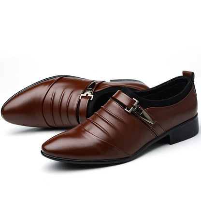 Men’s Classic Black Leather Slip-On Dress Shoes - Pointed Toe Business, Casual & Wedding Formal Shoes Plus Size