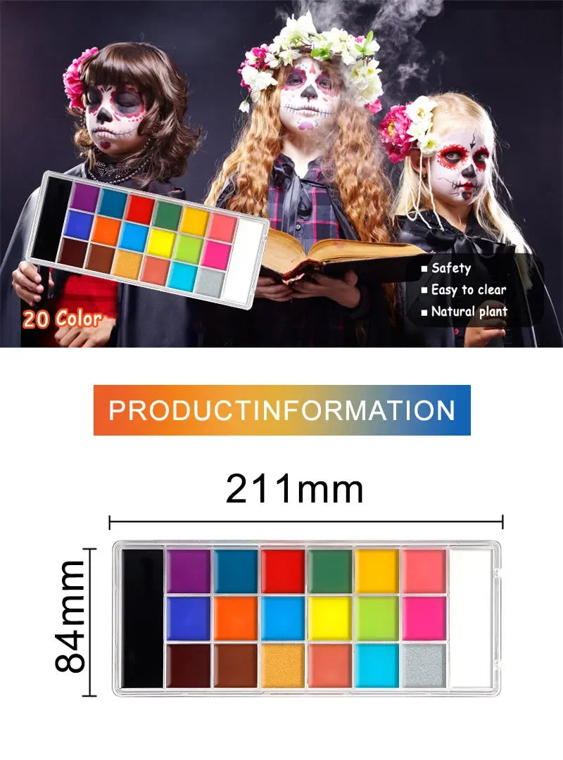 20-Color Face & Body Oil Paint – Non-Toxic Pigment for Kids, Flash Tattoos, Halloween & Cosplay Art with Brush