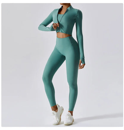3PCS Women’s Yoga & Workout Set – Long Sleeve Zipper Top with High Waist Leggings Fitness Sportswear