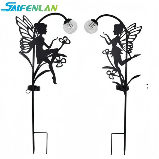 Solar Fairy Garden Statue - Metal Fairy Figurine with Crackle Glass Globe Lantern for Lawn, Patio & Outdoor Pathway Decor