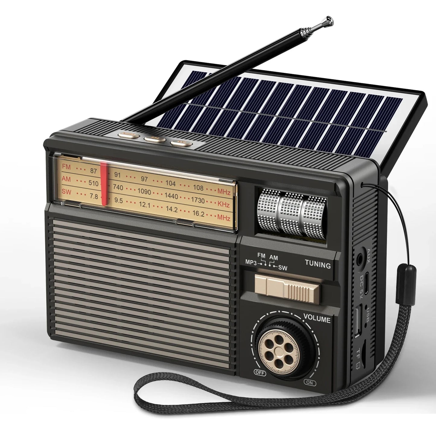 J-02S Portable AM/FM/SW Radio – Dual Antenna Solar Rechargeable 1800mAh Battery, Bluetooth Music Player for Outdoor Emergency Use
