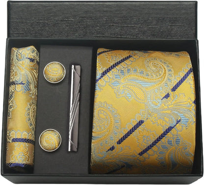 100% Silk Paisley Floral Necktie Set for Men - Premium Business Tie with Pocket Square Tie Clip Cufflinks Gift Box