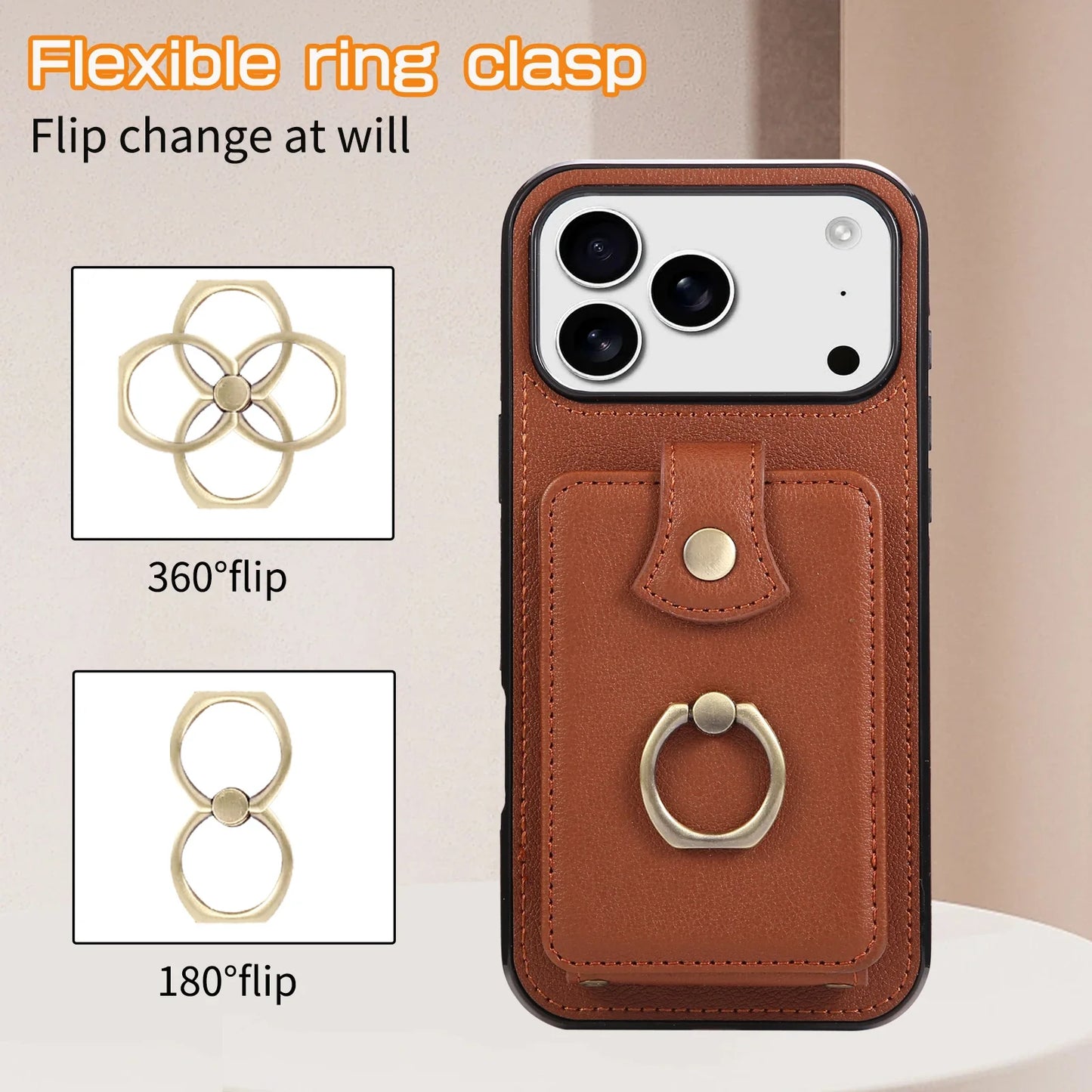 Leather Crossbody Wallet Phone Case with Zipper Card Slots – Lanyard Ring Holder Cover for iPhone 17/16/15/14/13/12/11 Pro Max & Plus