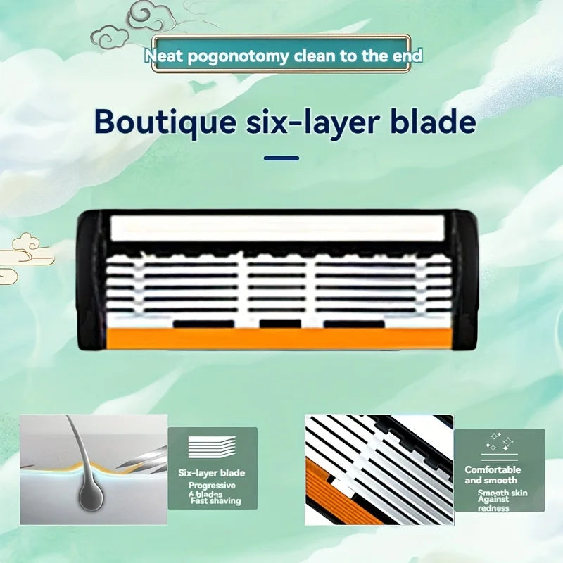 6-Layer Men's Razor Blade - Stainless Steel Classic Wet Shaving Razor for Smooth Clean Shaves