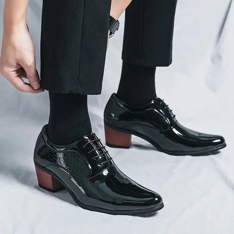 Men’s Pointed High Heel Leather Shoes - British Business Wedding Dress Shoes with Height-Increasing Design