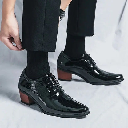 Men’s Pointed High Heel Leather Shoes - British Business Wedding Dress Shoes with Height-Increasing Design