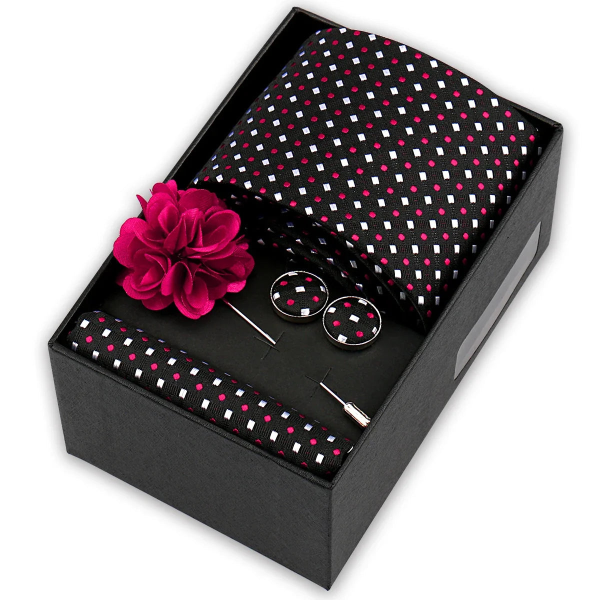 Men’s 4-Piece Tie Set Gift Box - Elegant Necktie with Handkerchief, Cufflinks & Brooch for Business, Wedding & Suit Accessories