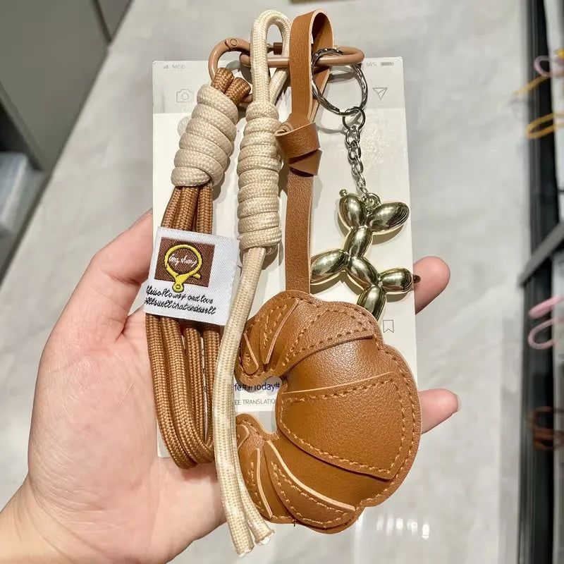 Croissant Bread Keychain - Braided Rope Heart Bag Charm & Phone Lanyard Gift
