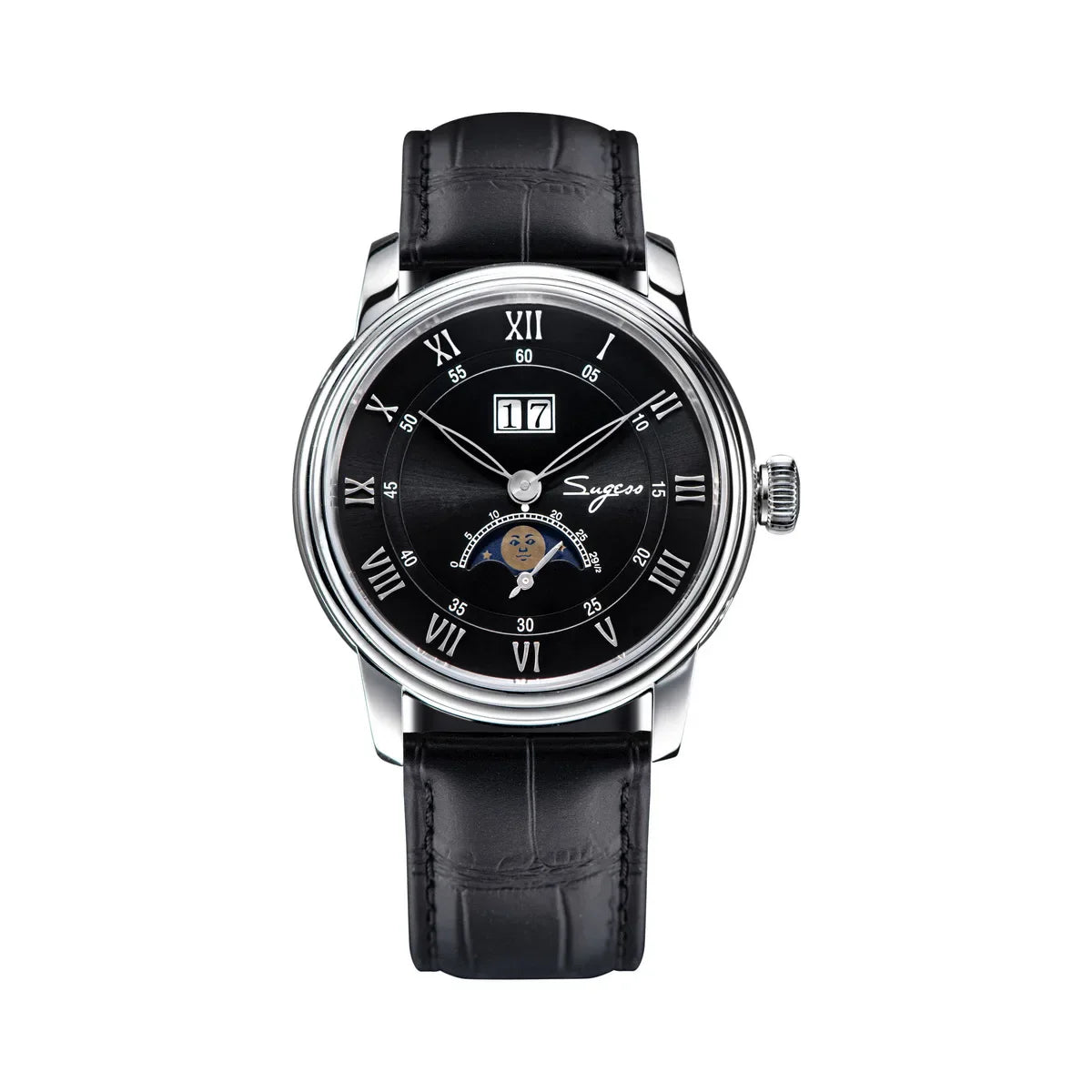 Sugess Moonphase Men’s Automatic Mechanical Watch — 40MM Stainless Steel with Seagull ST2528 Movement and Blue Sandstone Dial