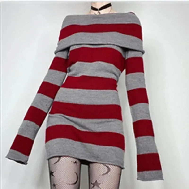 Women’s Striped Mini Bodycon Dress — Boat Neck Off-Shoulder Long Sleeve Hip-Wrapped Party Dress for Spring & Autumn