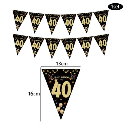 30th, 40th, 50th, 60th Birthday Paper Banner - Happy Birthday Garland for Adult Party Decorations, Black Flags for Anniversaire