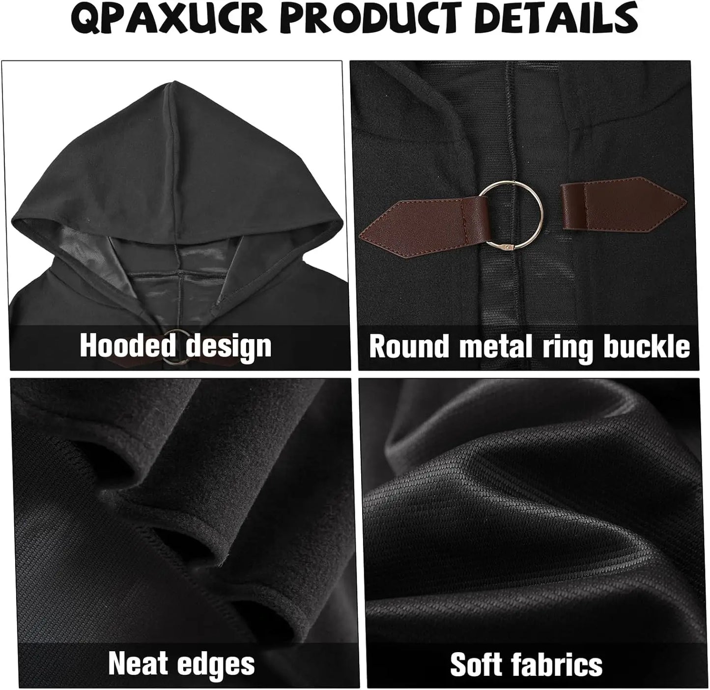 Men’s Medieval Hooded Cloak – Round Metal Buckle with Green Leaf Brooch Necklace for Halloween Costume