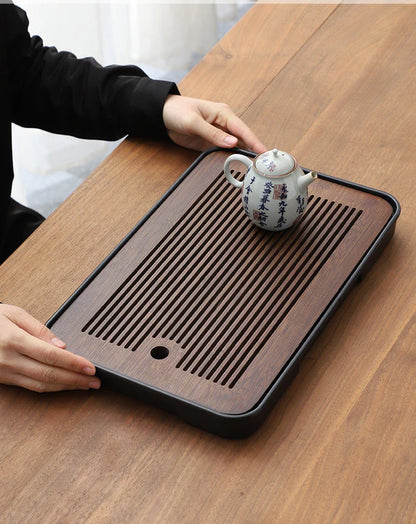 Square Bamboo Tea Tray with Drainage — Elegant Kung Fu Tea Set Tablett for Adults, Simple Chaban Tray for Tea Parties