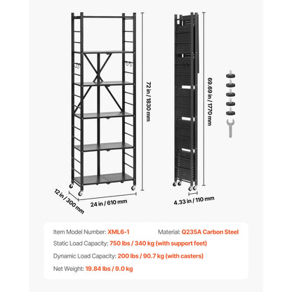 SucceBuy 3-6 Tier Black Foldable Storage Shelf — Wheeled Metal Rack Organizer for Kitchen & Garage