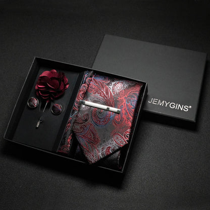 Wine Red Paisley Silk Tie Set for Men - Luxury Wedding Neck Tie with Pocket Square & Cufflinks Gift Box Accessories