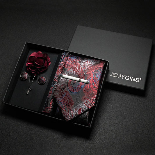 Wine Red Paisley Silk Tie Set for Men - Luxury Wedding Neck Tie with Pocket Square & Cufflinks Gift Box Accessories