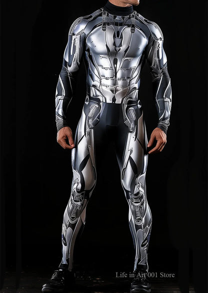 Cyberpunk Mechanical Armor Jumpsuit - Futuristic Steampunk Fighter Cosplay Bodysuit for Halloween & Costume Parties
