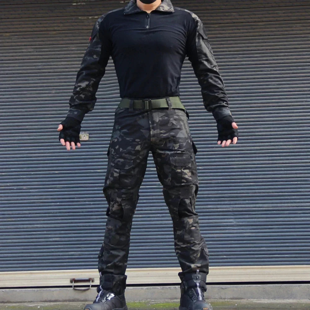 Men’s Camo Tactical Uniform Set | Ripstop Airsoft Suit with Multi-Pocket Pants & Training Shirt for Hunting or Paintball