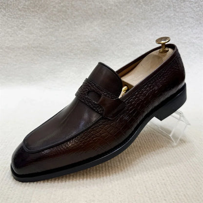 Luxury Men's Crocodile Print Leather Loafers - Double Buckle Business & Wedding Dress Shoes