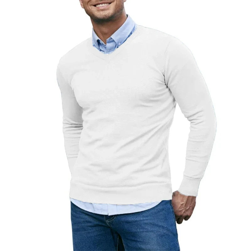 Men's V-Neck Knit Sweater - Soft Lightweight Long Sleeve Slim Fit Casual Pullover Autumn Top
