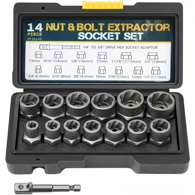 14-Piece Damaged Nut & Bolt Extractor Socket Set - Chrome Molybdenum Steel Impact Sockets with Storage Case